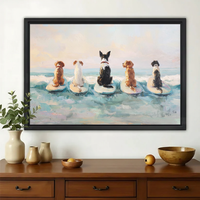 Five Dogs on Surfboards Wall Art – Coastal Oil Painting Canvas Print on Natural Wood Frame