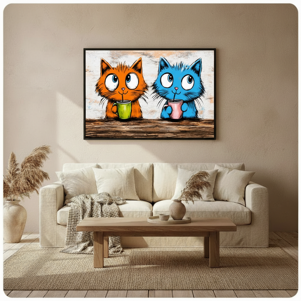 Two Cats Morning Coffee Horizontal Canvas Wall Art