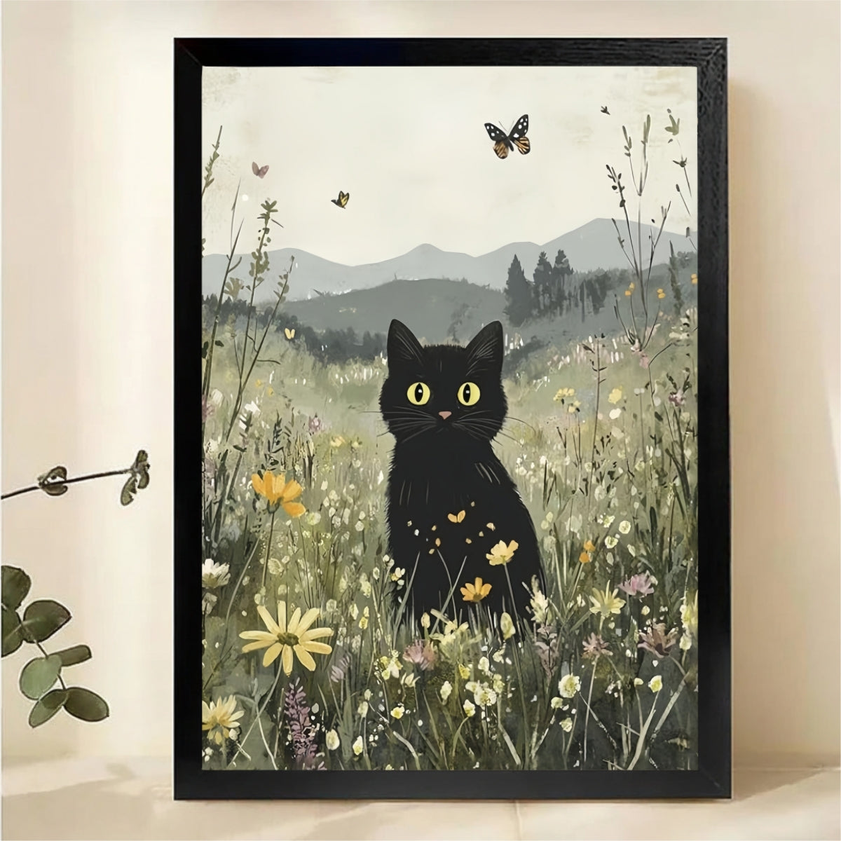 Black Cat in Wildflower Meadow Wall Art - Whimsical Nature Canvas Print