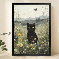 Black Cat in Wildflower Meadow Wall Art - Whimsical Nature Canvas Print