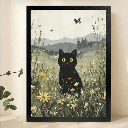 Black Cat in Wildflower Meadow Wall Art - Whimsical Nature Canvas Print