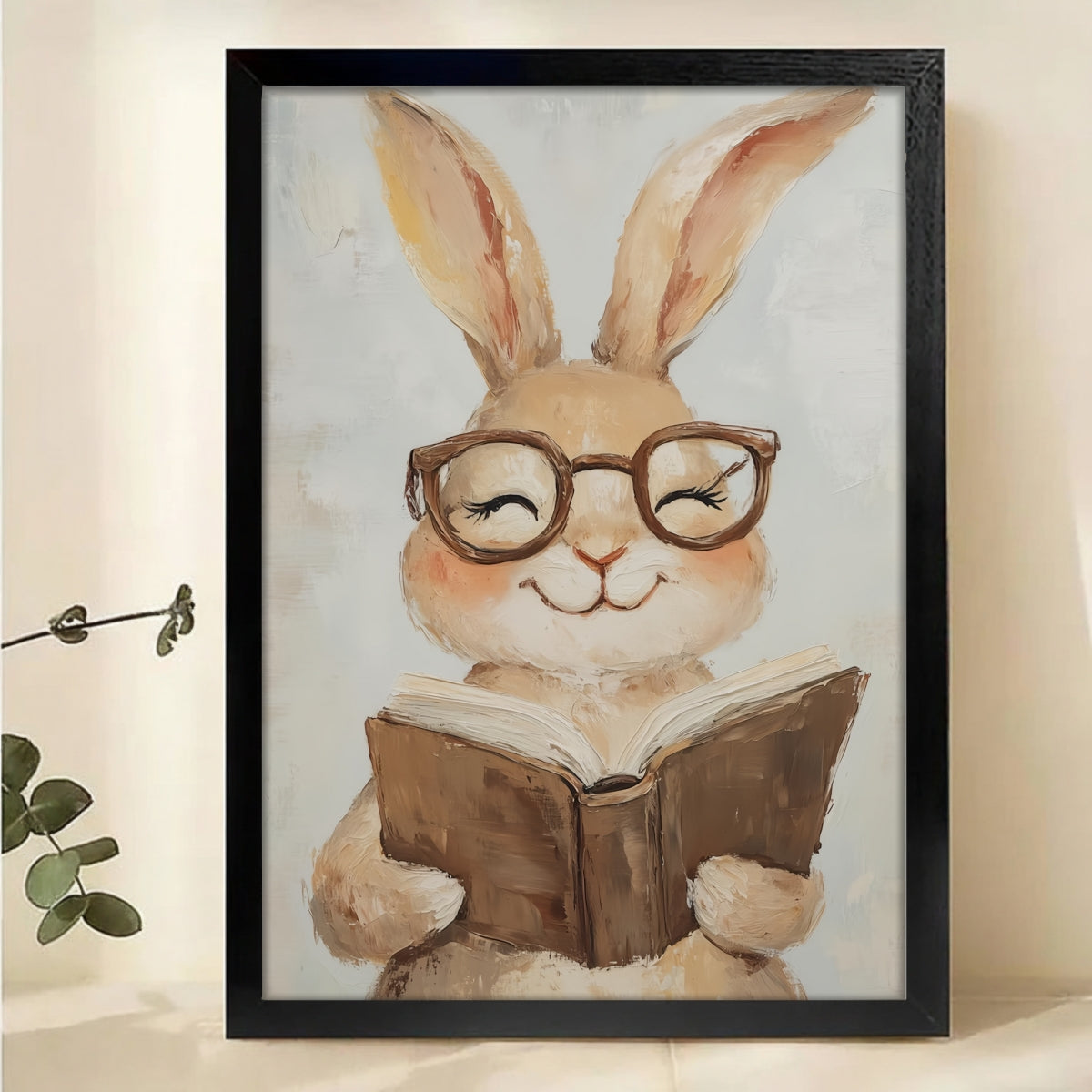 Bunny with Glasses Reading Book Canvas Wall Art - Cute Nursery Print