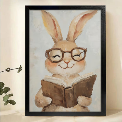 Bunny with Glasses Reading Book Canvas Wall Art - Cute Nursery Print