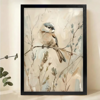 Chickadee on Winter Branch Wall Art – Soft Watercolor Bird Canvas Print on Natural Wood Frame