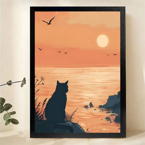 Cat Watching Ocean Sunset Wall Art - Peaceful Seascape Print