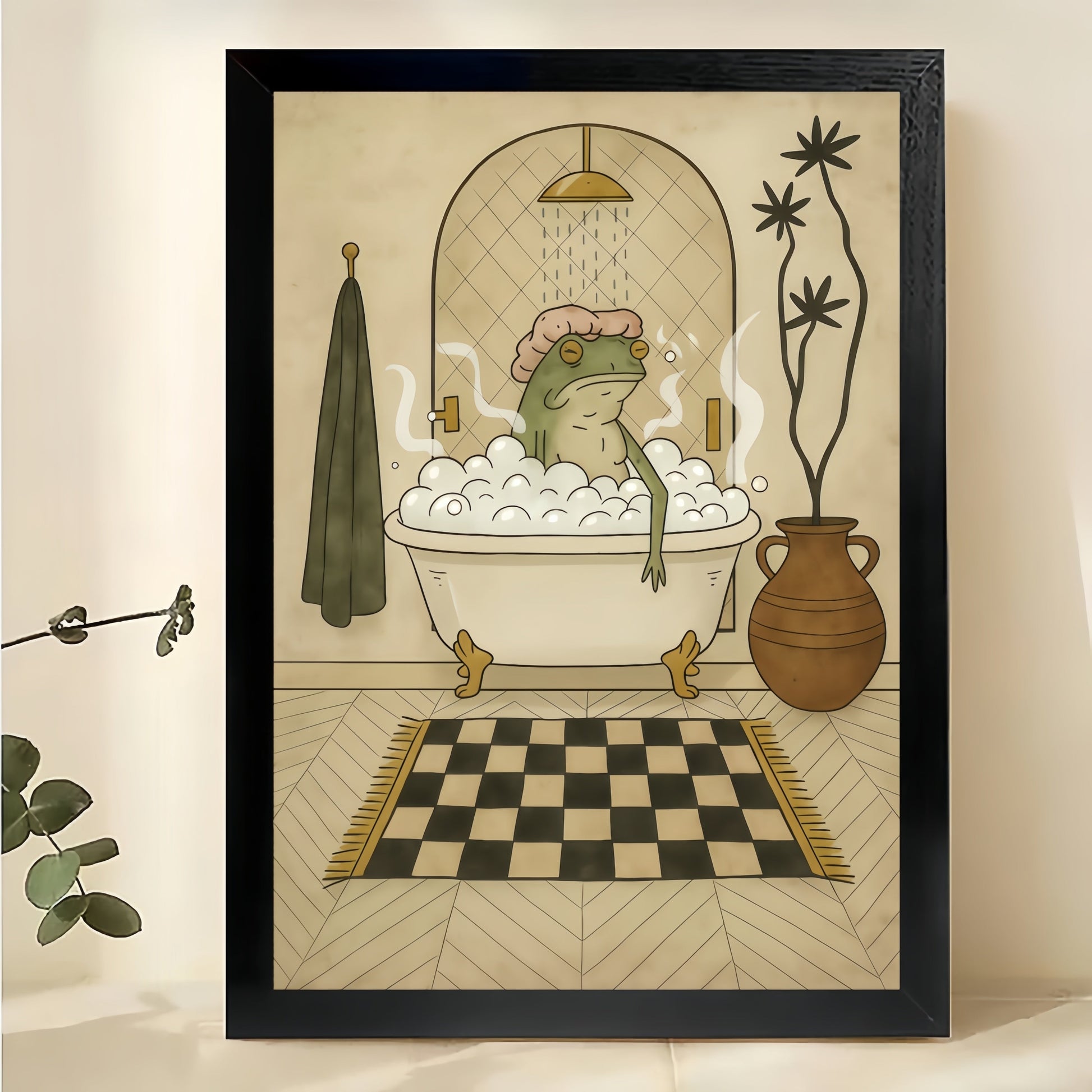 The Bathtub-Steaming Frog – Retro Bathroom Wall Art on Natural Wood Canvas