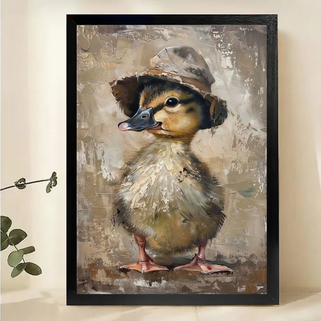 Duckling in a Bucket Hat Wall Art – Vintage Textured Animal Canvas Print on Natural Wood Frame