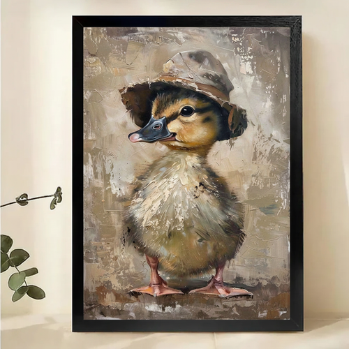 Duckling in a Bucket Hat Wall Art – Vintage Textured Animal Canvas Print on Natural Wood Frame