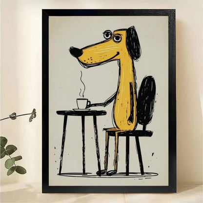 Yellow Dog Drinking Coffee Wall Art - Funny Cartoon Illustrated Canvas Print