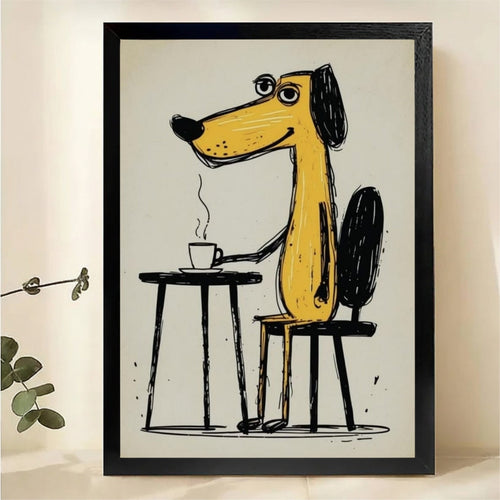 Yellow Dog Drinking Coffee Wall Art - Funny Cartoon Illustrated Canvas Print