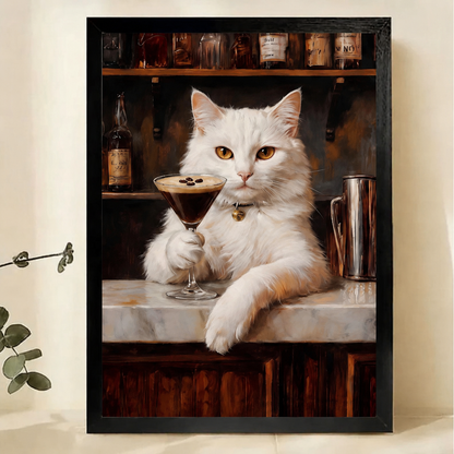 White Cat at the Bar Wall Art – Dark Cat Canvas Print on Natural Wood Frame