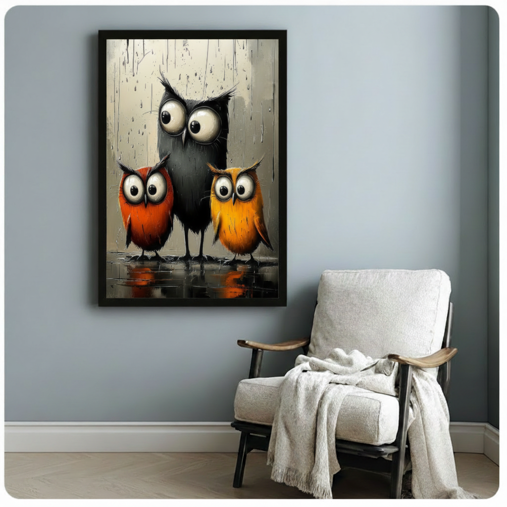 Three Owls Whimsical Canvas Wall Art | Rainy Day