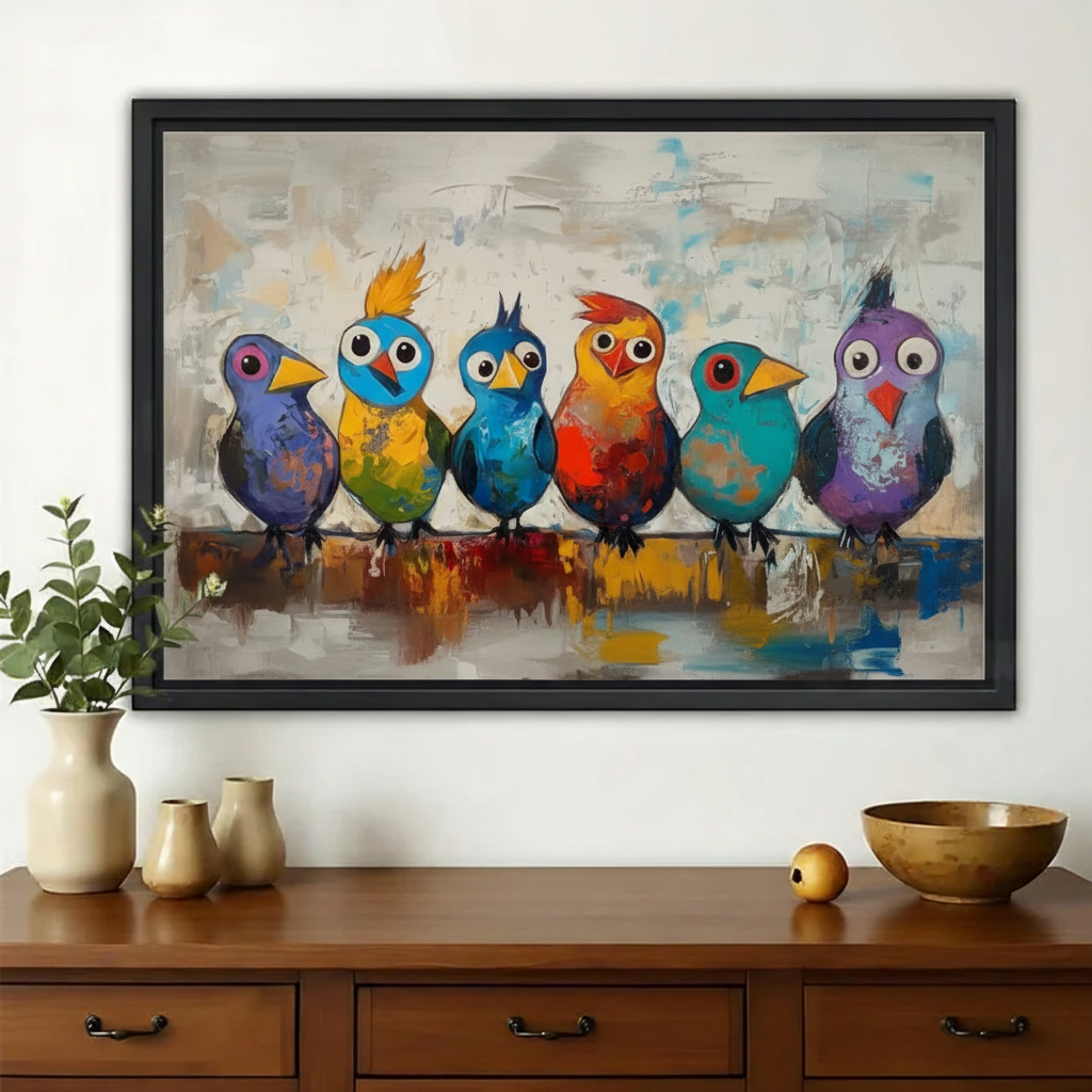 Six Colourful Birds on a Perch Wall Art – Bold Impasto Bird Canvas Print on Natural Wood Frame
