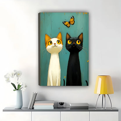 Sweet Cat Couple with Butterfly Illustration – Romantic Whimsical Wall Art on Natural Wood Canvas