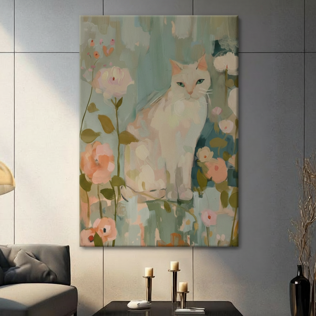 White Cat Floral Impressionist Canvas Wall Art