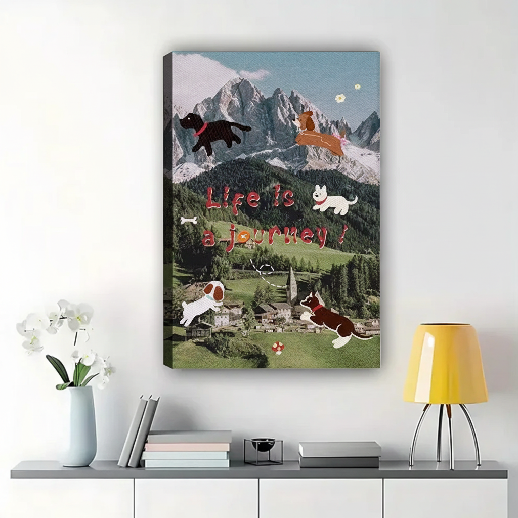 Life Is a Journey Flying Dogs Wall Art – Playful Alpine Collage Canvas Print on Natural Wood Frame