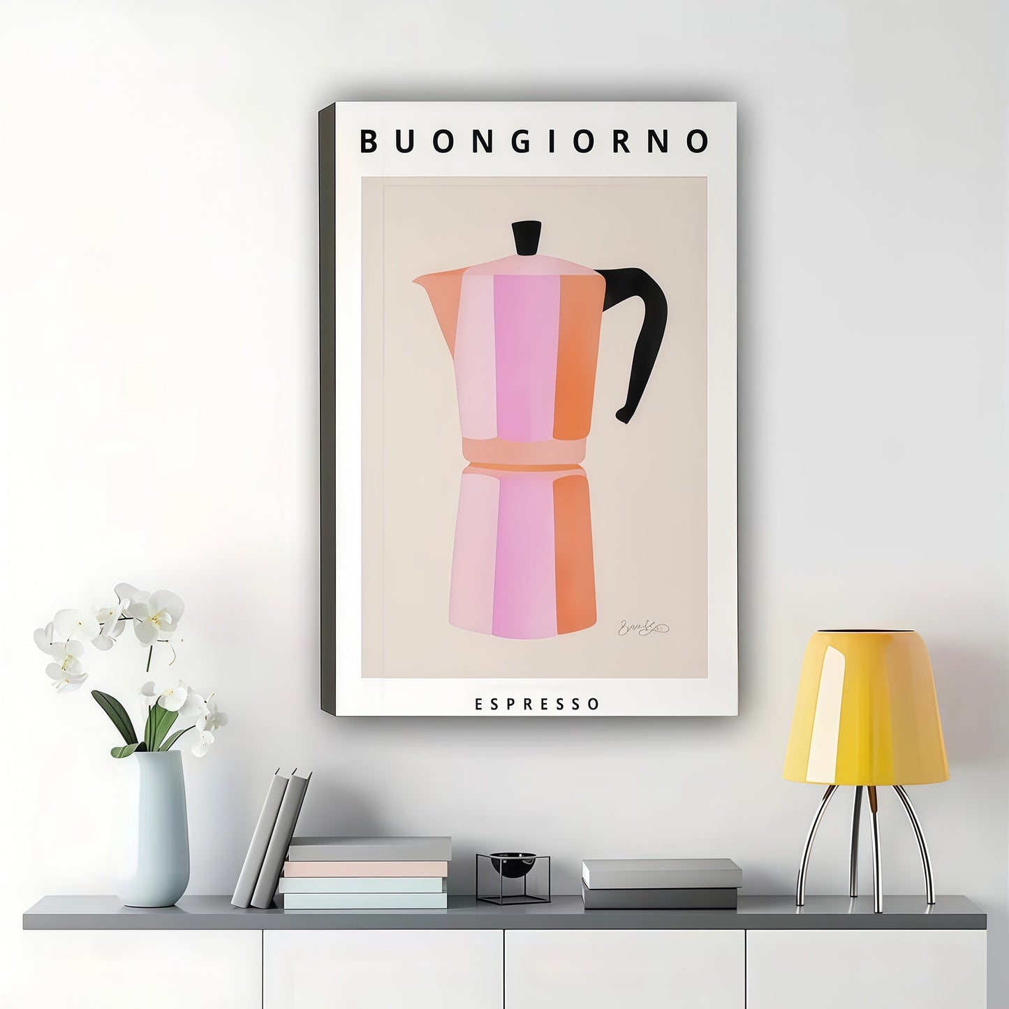 Buongiorno Espresso Moka Pot – Retro Coffee Kitchen Wall Art on Natural Wood Canvas
