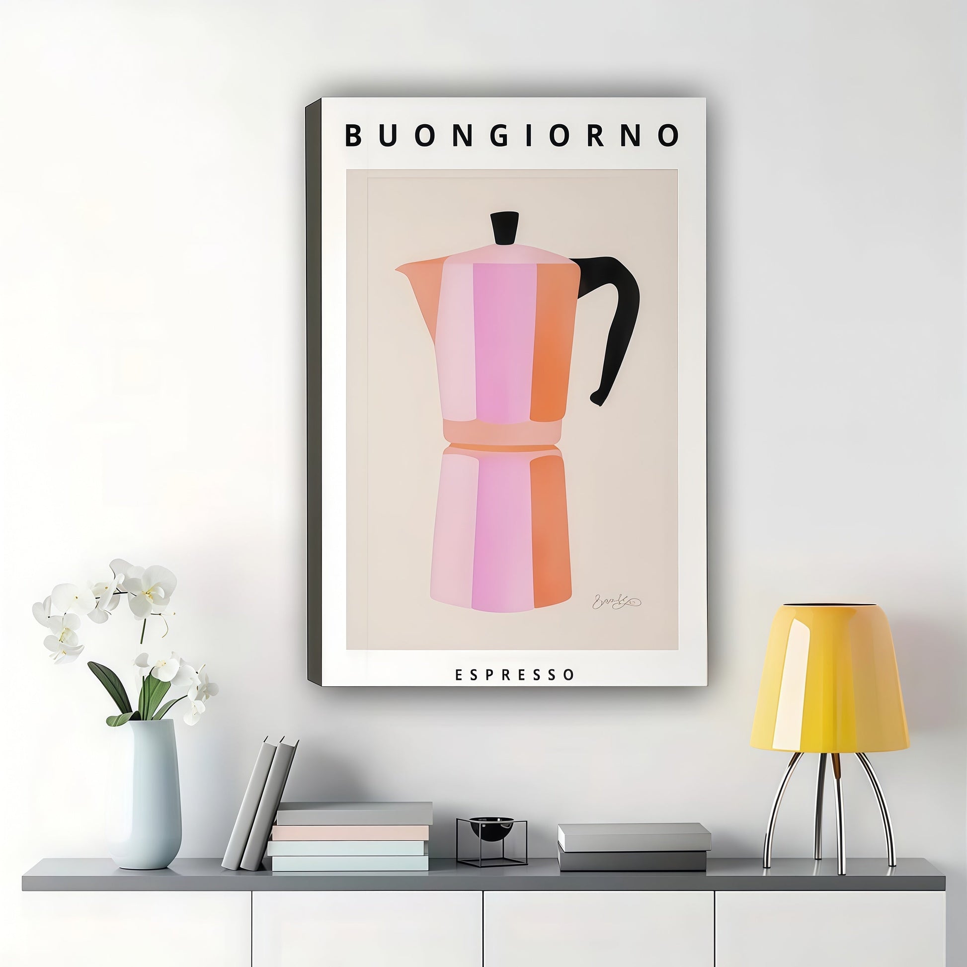 Buongiorno Espresso Moka Pot – Retro Coffee Kitchen Wall Art on Natural Wood Canvas