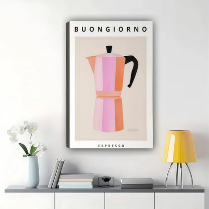Buongiorno Espresso Moka Pot – Retro Coffee Kitchen Wall Art on Natural Wood Canvas
