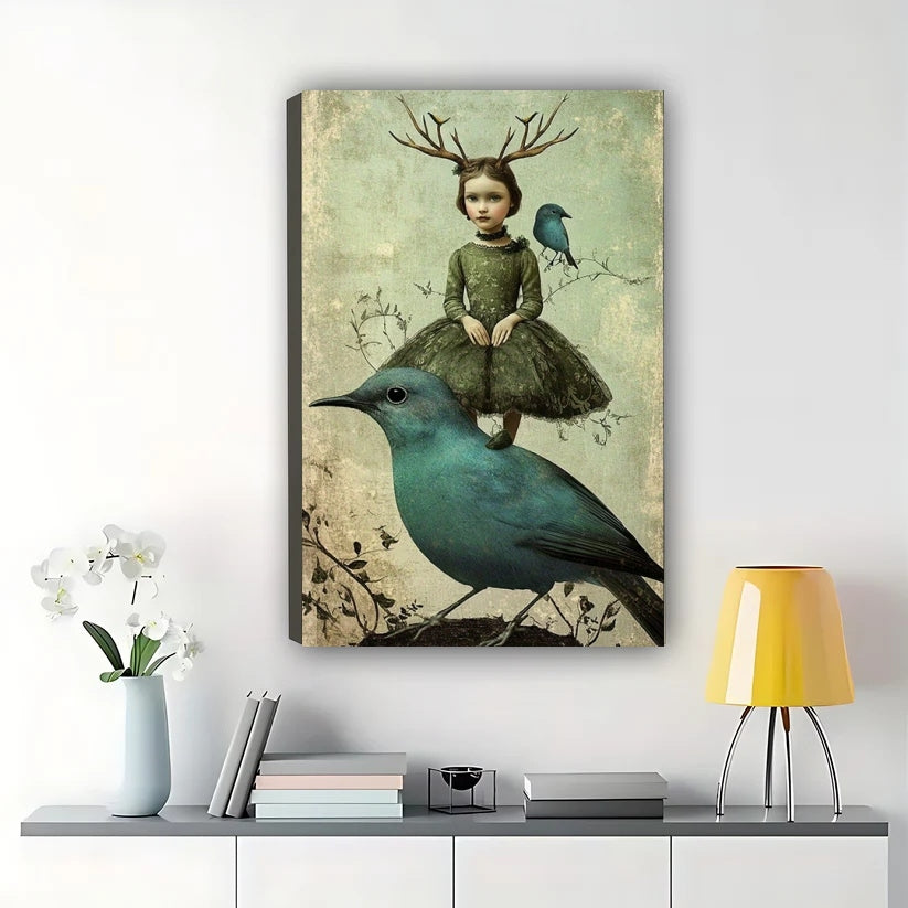 Girl with Antlers on Bird Wall Art – Whimsical Vintage Fantasy Canvas Print on Natural Wood Frame