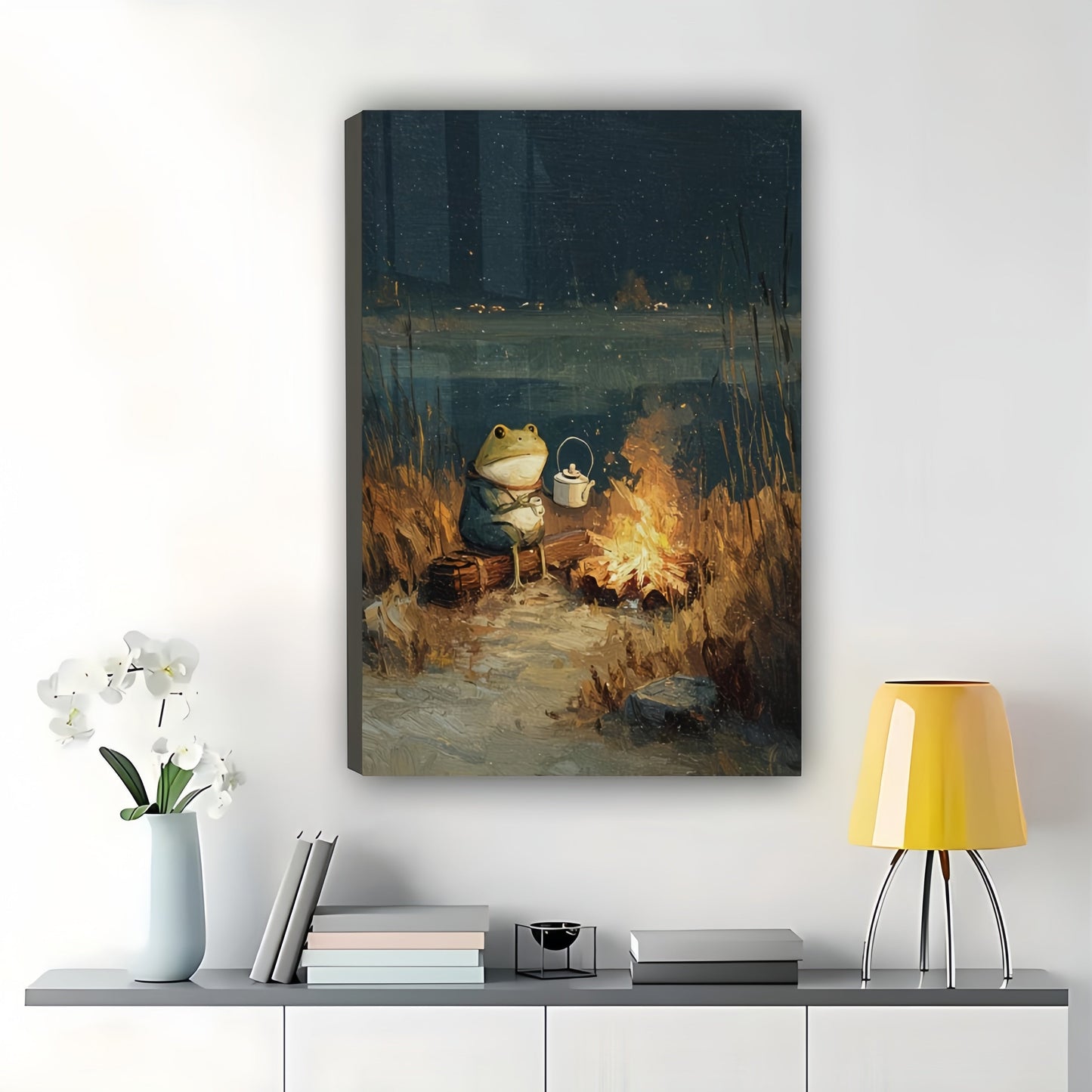 Frogs by Campfire in Night Forest – Cozy Fairy Tale Wall Art on Natural Wood Canvas