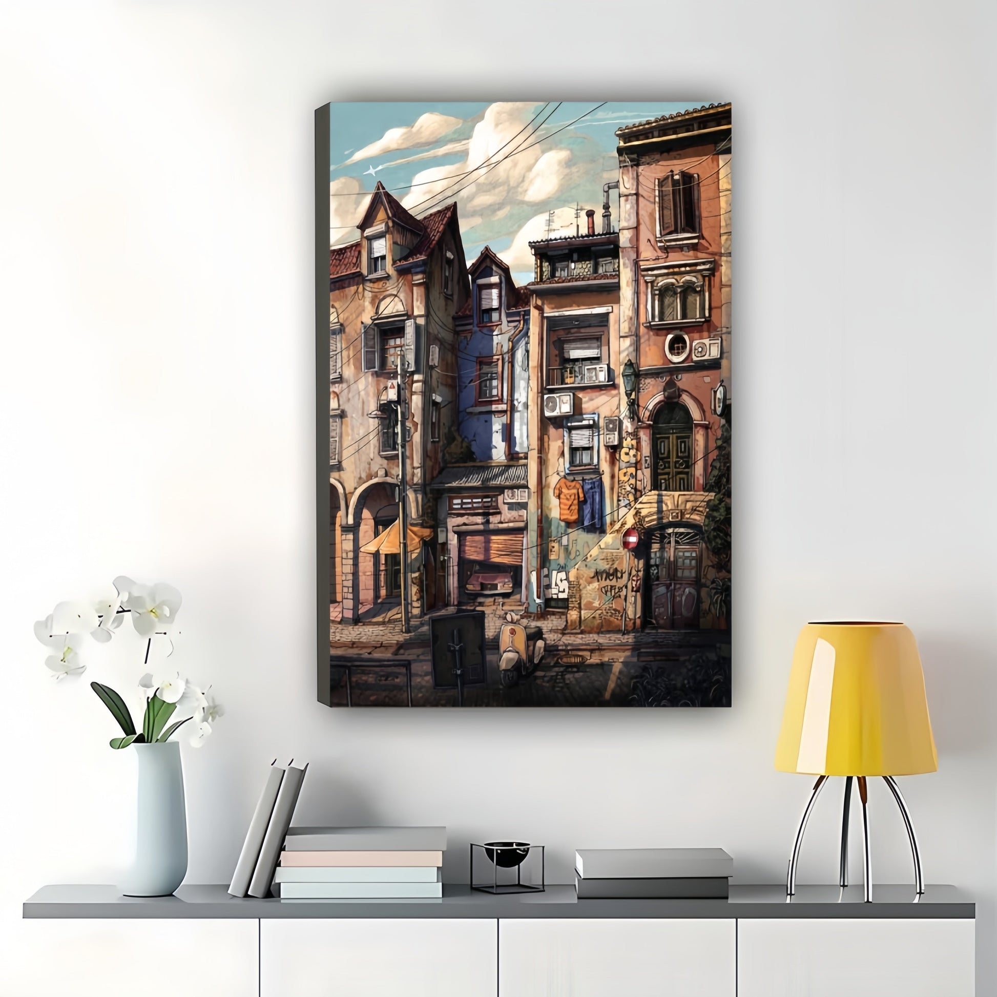 The Vintage European Streetscape – Nostalgic Urban Wall Art on Natural Wood Canvas