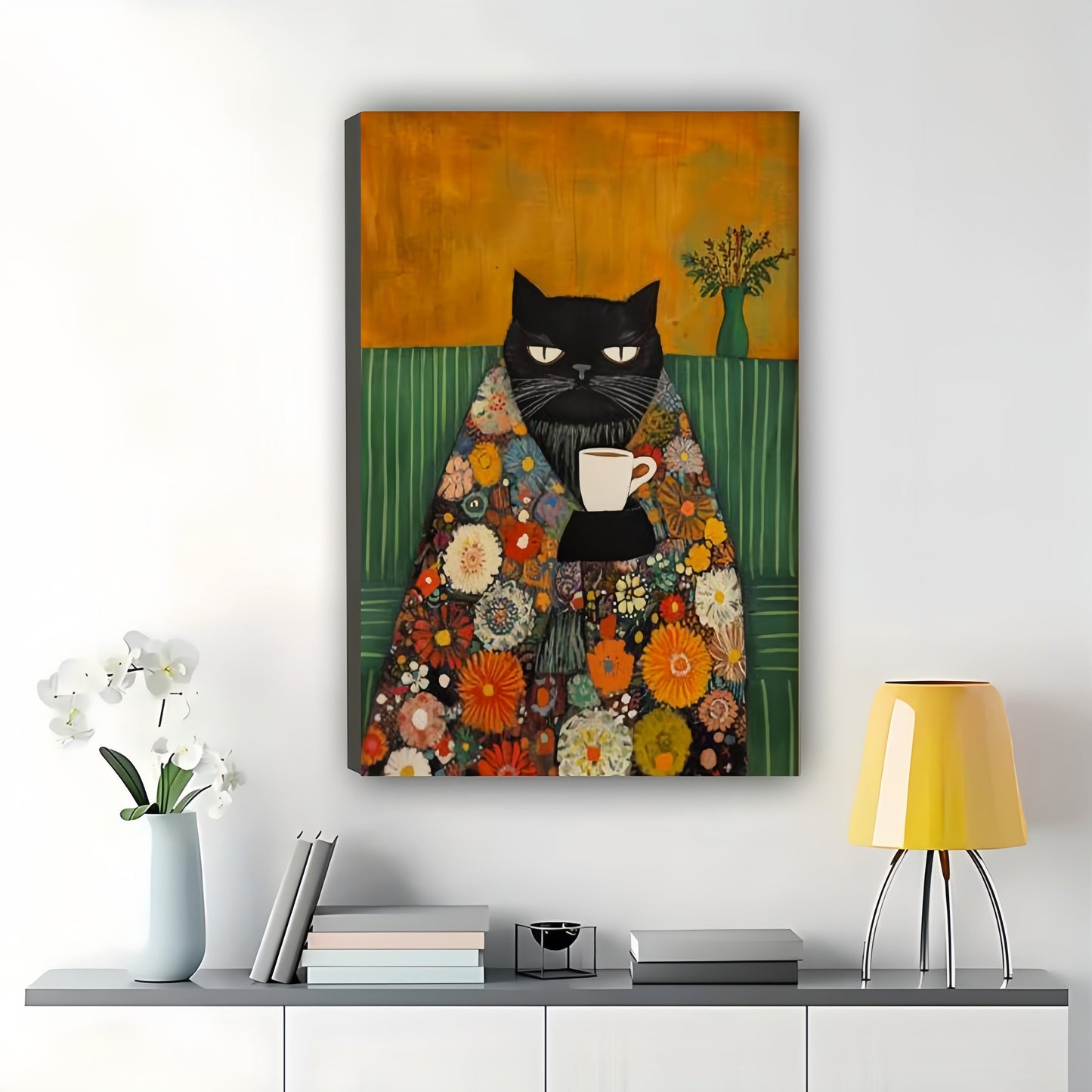 Cozy Black Cat with Floral Blanket & Coffee – Vintage Wall Art on Natural Wood Canvas