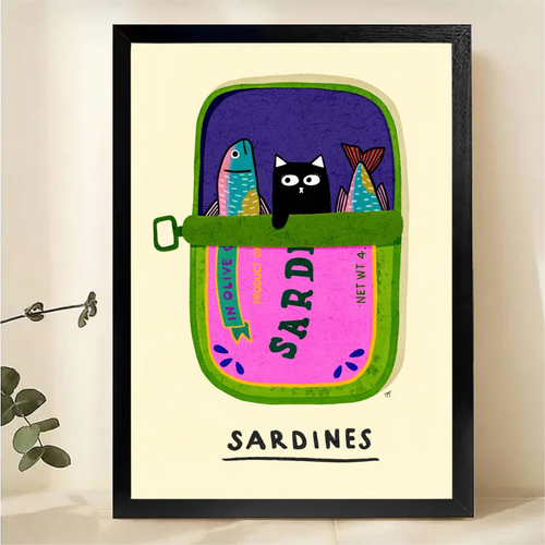 Black Cat in Sardine Can Wall Art - Colorful Funny Illustrated Canvas Print