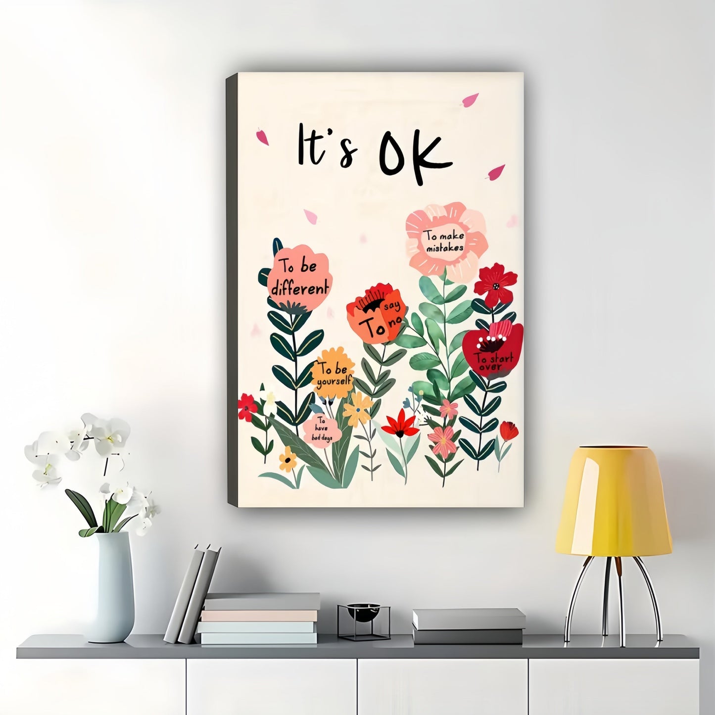 The “It's OK” Floral Encouragement – Cozy Positive Wall Art on Natural Wood Canvas