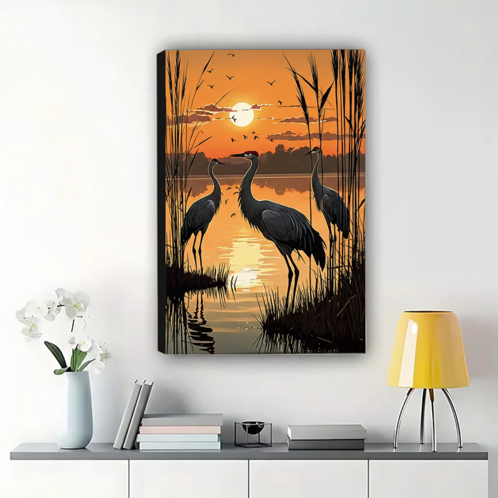 Cranes at Sunset Wetland Wall Art – Dramatic Wildlife Canvas Print on Natural Wood Frame