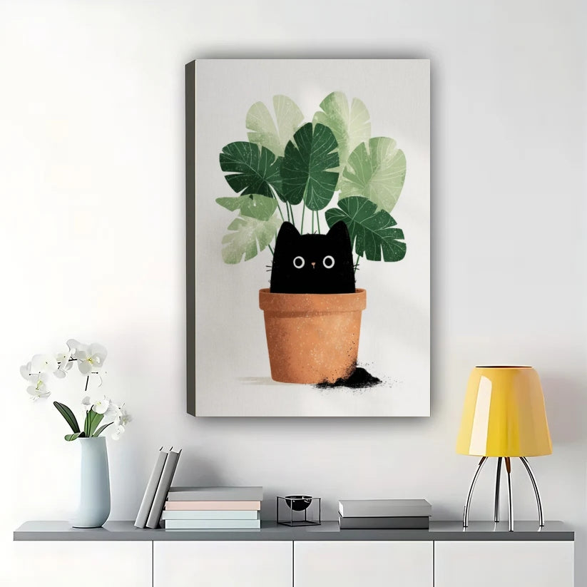 Black Cat in Monstera Pot – Cute Plant Cat Wall Art on Natural Wood Canvas