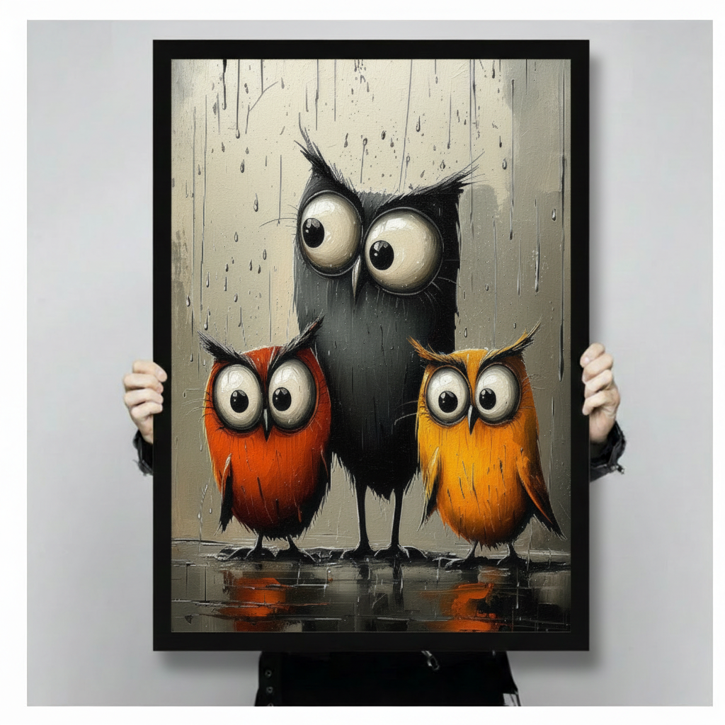 Three Owls Whimsical Canvas Wall Art | Rainy Day