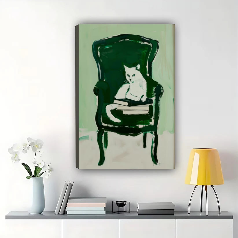 White Cat Reading on Chair – Cozy Book Lover Cat Wall Art on Natural Wood Canvas