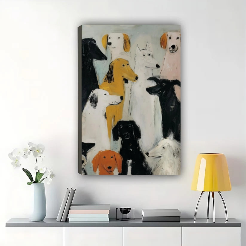 Dog Group Portrait – Vintage Oil Painting Style Wall Art on Natural Wood Canvas