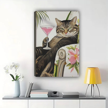 Tabby Cat with Martini Glass Wall Art – Whimsical Cat Canvas Print on Natural Wood Frame