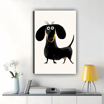 The Standing Cartoon Dachshund – Playful Pet Wall Art on Natural Wood Canvas