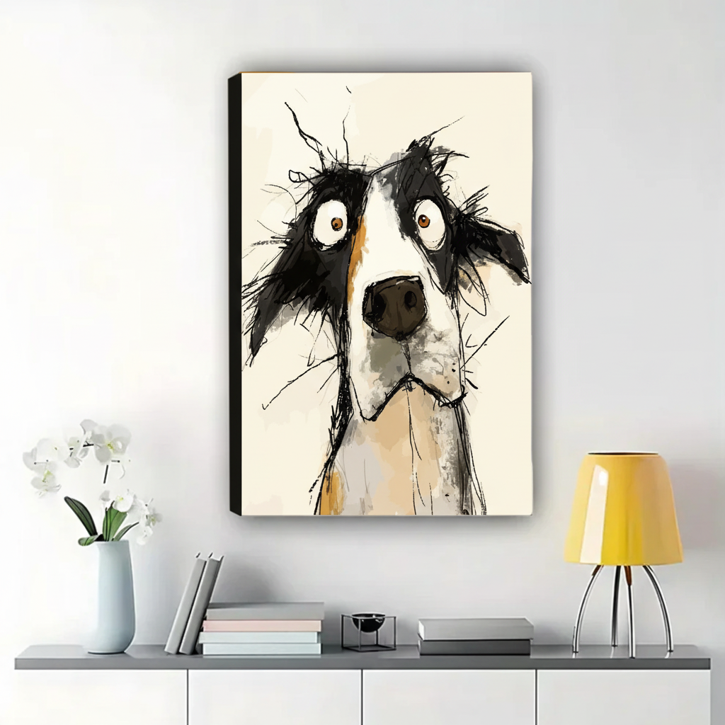 Wide-Eyed Border Collie Sketch Wall Art – Expressive Dog Portrait Canvas Print on Natural Wood Frame