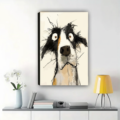 Wide-Eyed Border Collie Sketch Wall Art – Expressive Dog Portrait Canvas Print on Natural Wood Frame