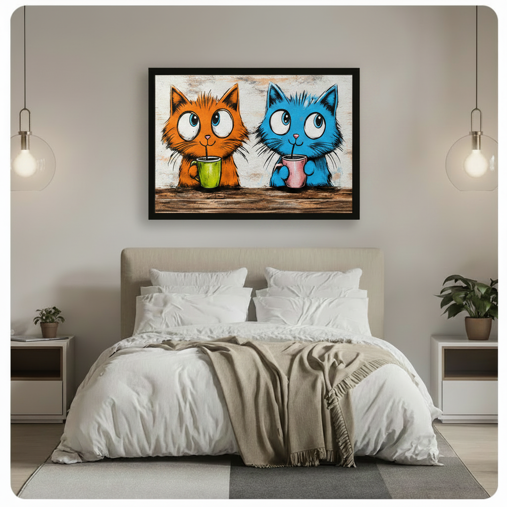 Two Cats Morning Coffee Horizontal Canvas Wall Art