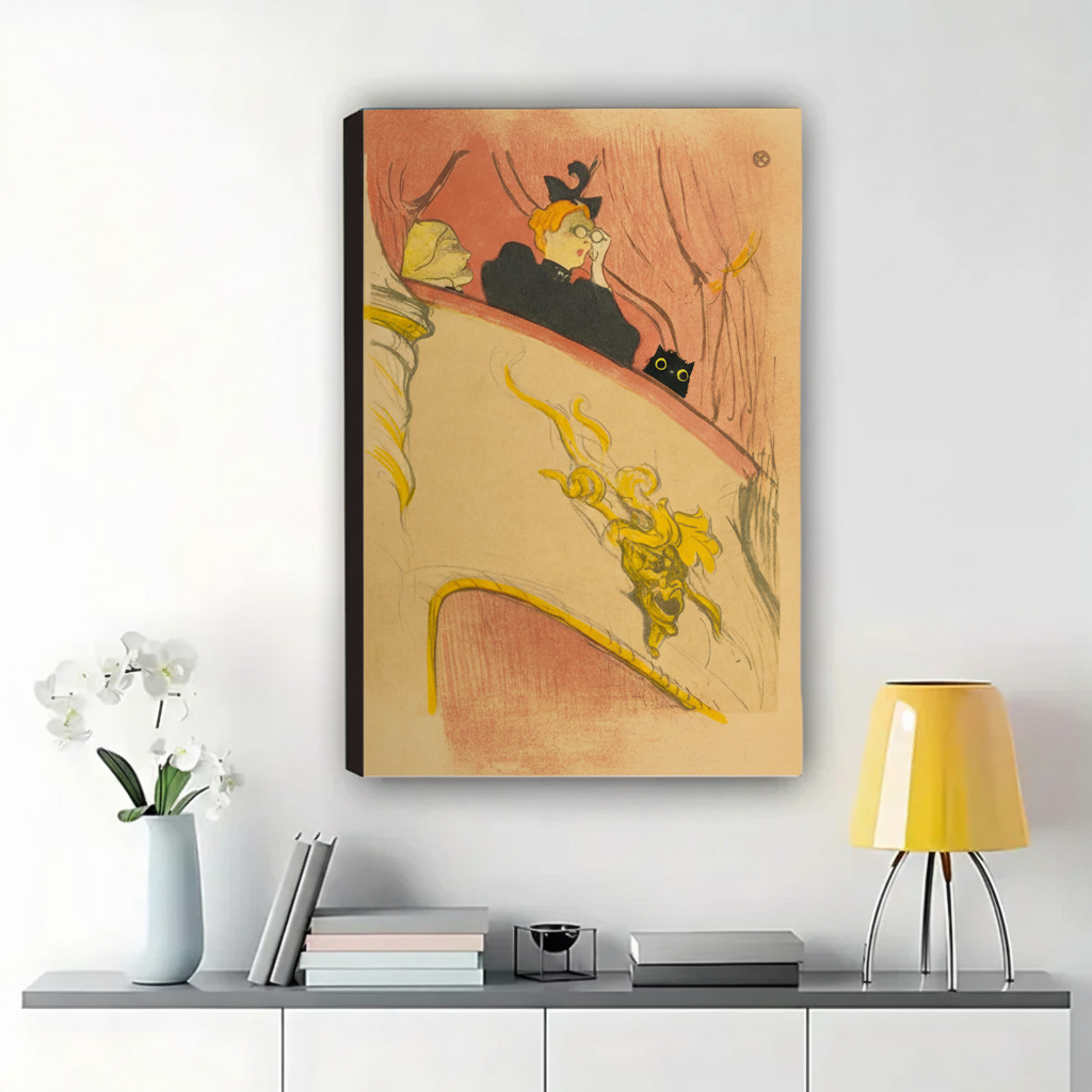 Black Cat at the Theatre Lautrec-Style Wall Art – Vintage French Art Cat Canvas Print on Natural Wood Frame