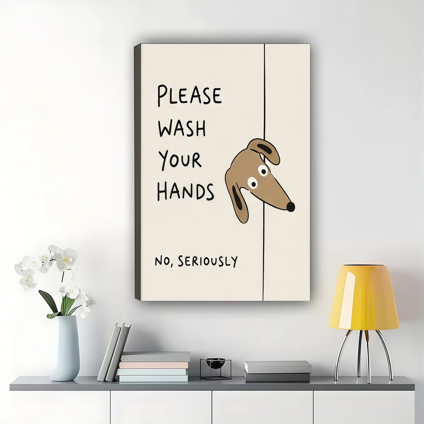 Dachshund "Wash Your Hands" Wall Art – Humorous Bathroom Reminder Canvas Print on Black Wood Frame