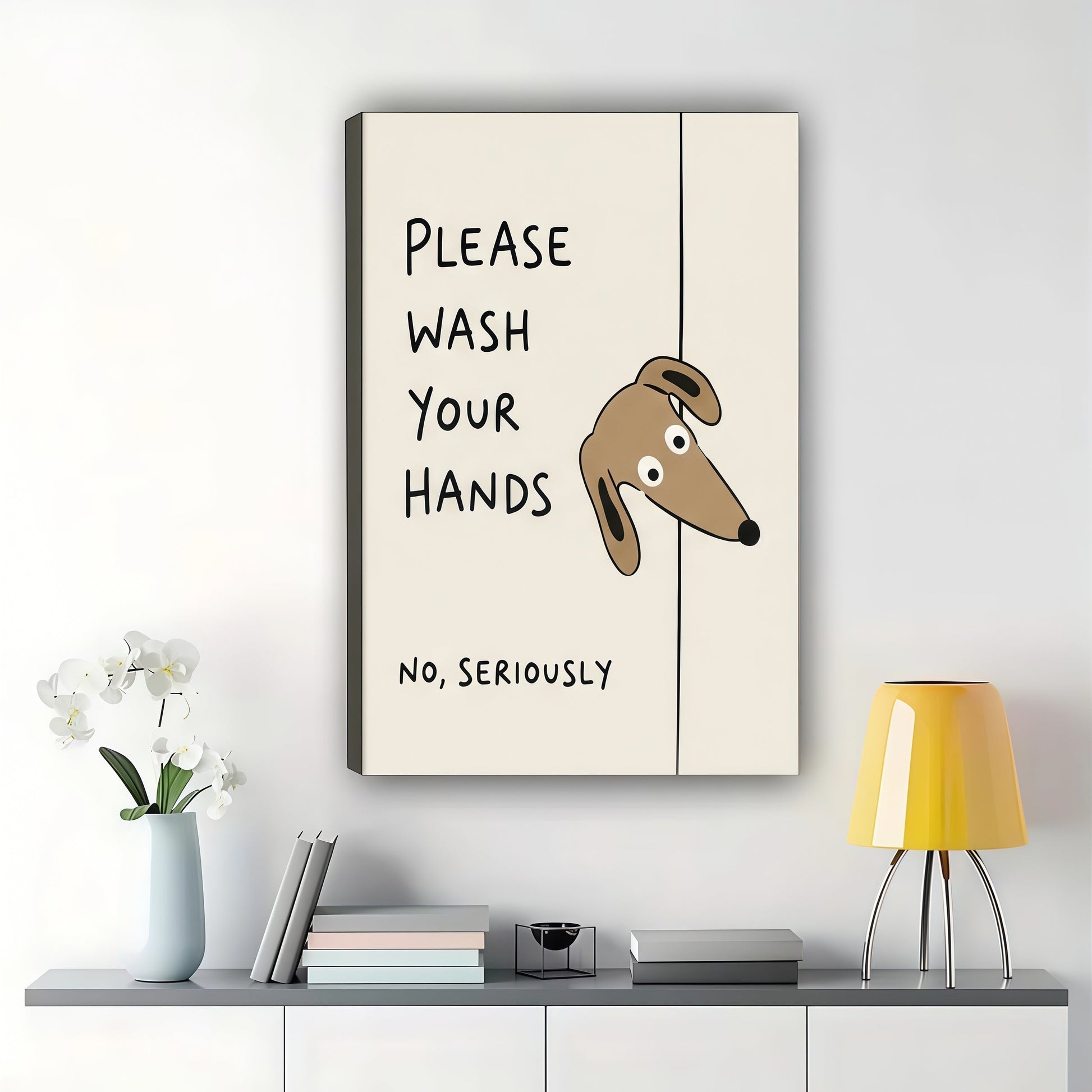 Dachshund "Wash Your Hands" Wall Art – Humorous Bathroom Reminder Canvas Print on Black Wood Frame