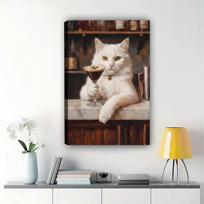 White Cat at the Bar Wall Art – Dark Cat Canvas Print on Natural Wood Frame