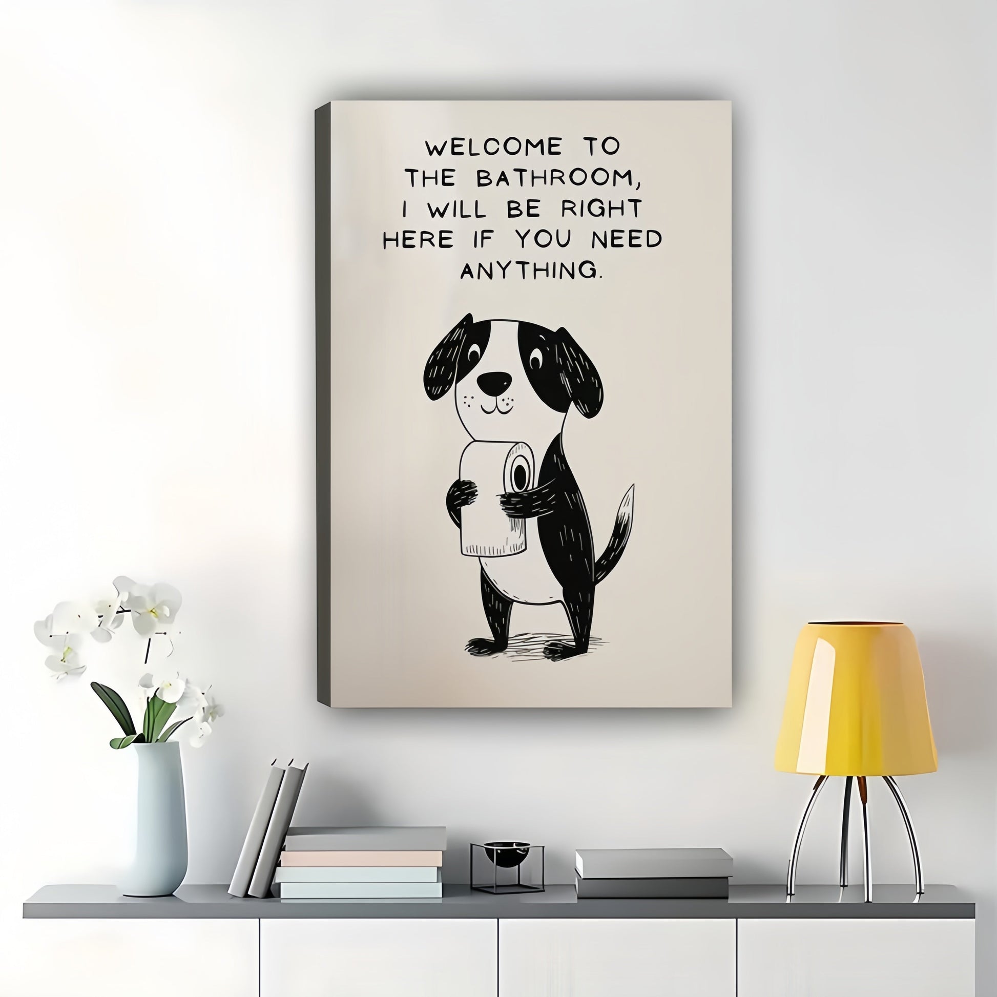 Welcome to the Bathroom Puppy – Humorous Bathroom Wall Art on Natural Wood Canvas