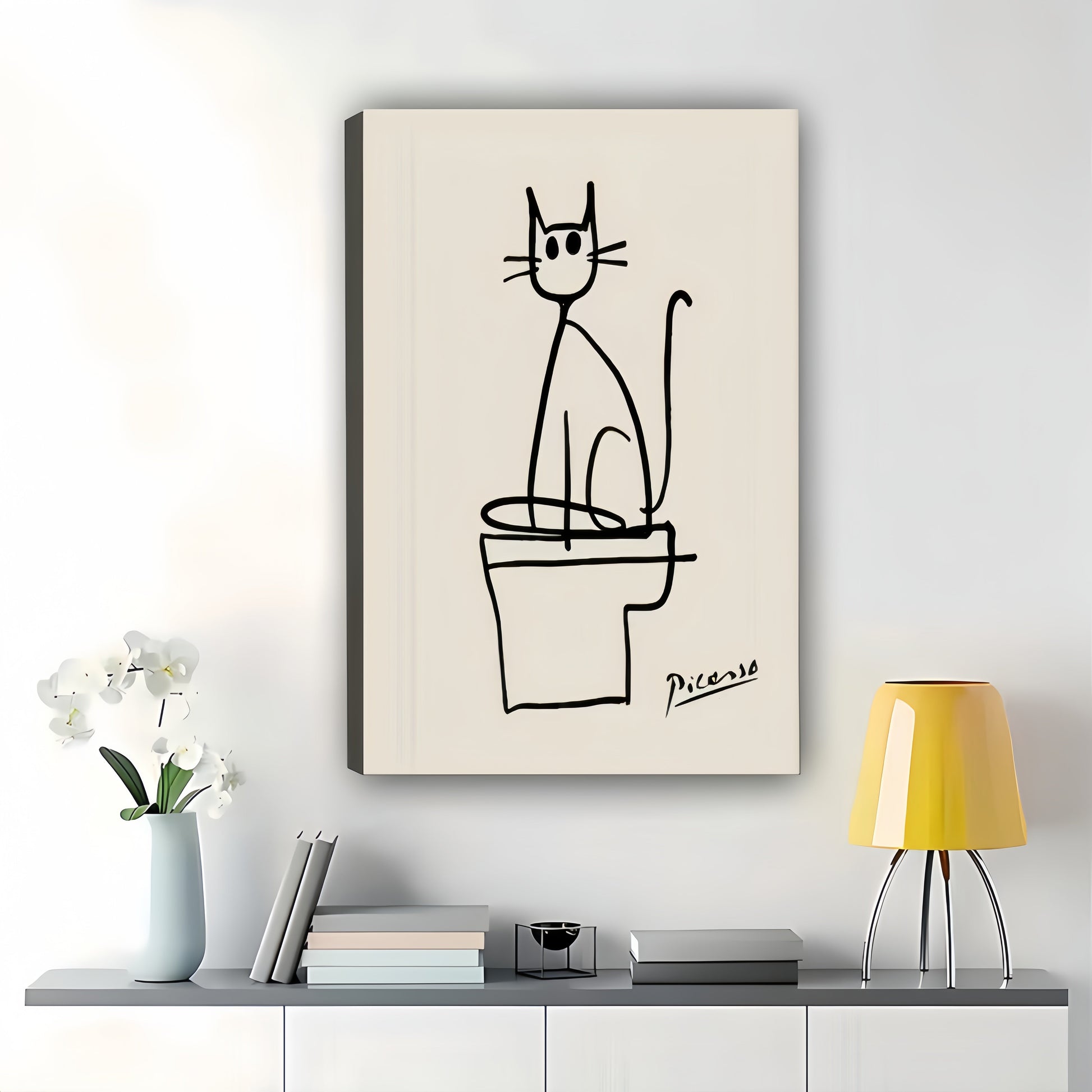 Picasso Cat on Toilet – Minimalist Bathroom Line Art Wall Art on Natural Wood Canvas
