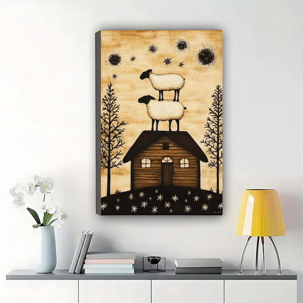 Stacked Sheep on Rooftop Wall Art – Folk Art Farmhouse Canvas Print on Natural Wood Frame