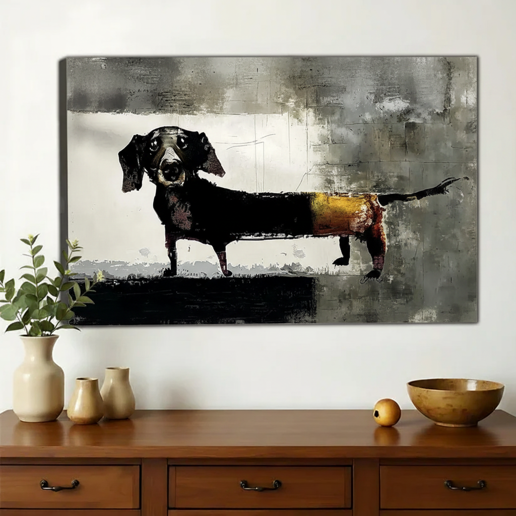 Dachshund Portrait Wall Art – Dark Abstract Mixed Media Oil Painting Canvas Print on Natural Wood Frame