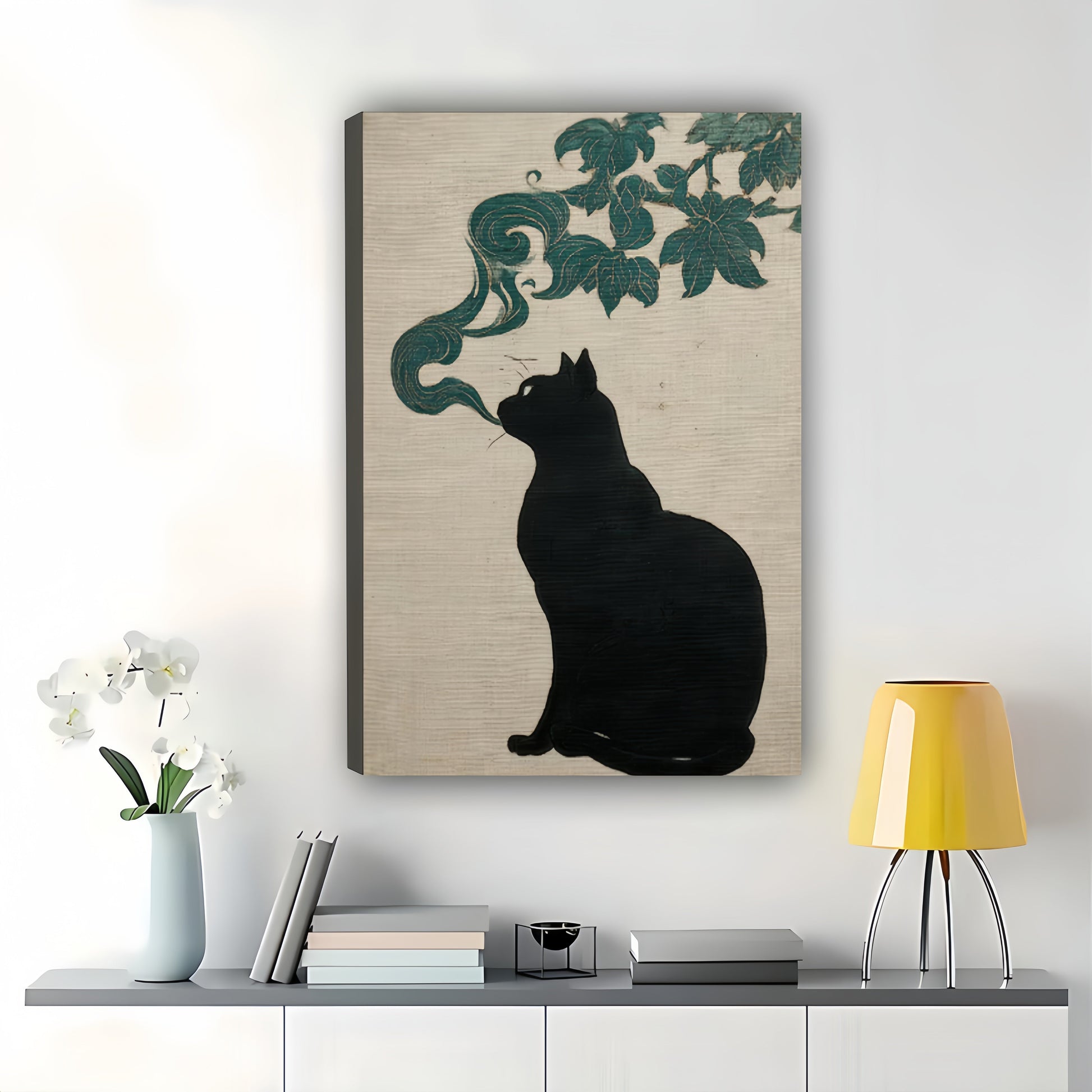 Smoking Black Cat – Japanese Ink Style Wall Art on Natural Wood Canvas