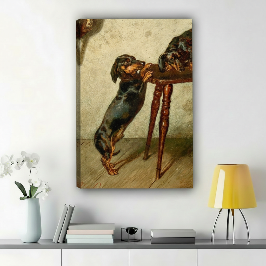 Dachshund Pair Under Chair – Vintage Oil Painting Style Dog Wall Art on Natural Wood Canvas