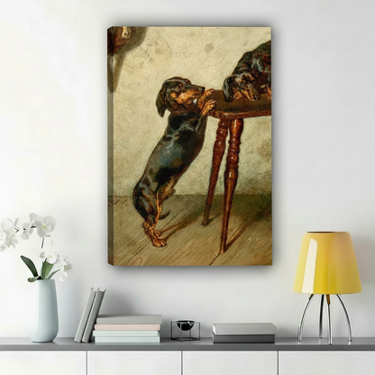 Dachshund Pair Under Chair – Vintage Oil Painting Style Dog Wall Art on Natural Wood Canvas